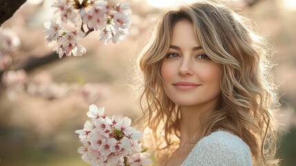 Naklejka premium A serene scene of a woman with wavy blonde hair holding cherry blossoms, symbolizing spring and natural beauty. Ideal for seasonal or lifestyle imagery.