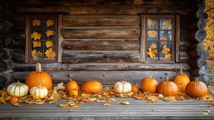 Autumn pumpkins and leaves adorn a rustic wooden porch