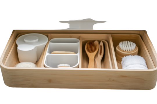 Natural bamboo bathroom organizer with eco-friendly personal care items for sustainable living isolated on transparent background