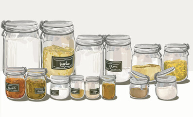 set of big and small glass container for flour, sugar, pasta dry food spices free waste eco for storing bulk products at home. illustration isolated on white background