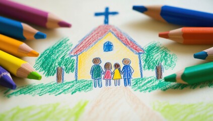 Child's drawing of family at church.