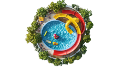 Aerial view of a vibrant water park featuring colorful slides, a refreshing pool, and lush greenery, perfect for summer fun and relaxation.