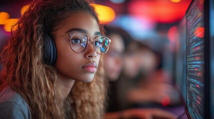 Teens participating in an online coding contest, intensely focused on their screens. Bright lighting, contrast