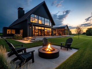 Modern farmhouse yard with a fire pit surrounded by Adirondack chairs, blending rural charm with modern living