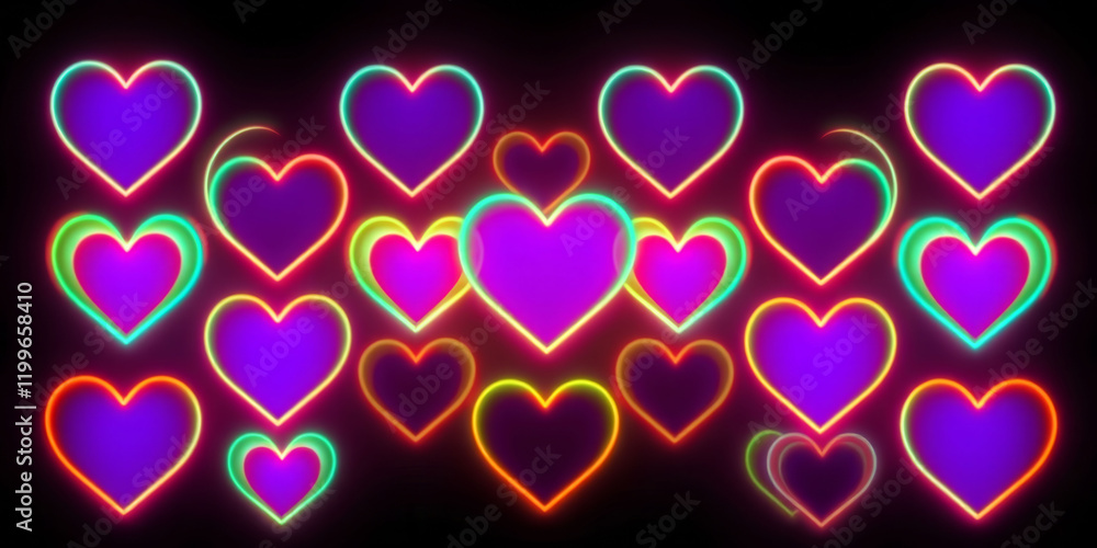 Poster a row of neon colored hearts are displayed in a row. the hearts are in different colors and sizes