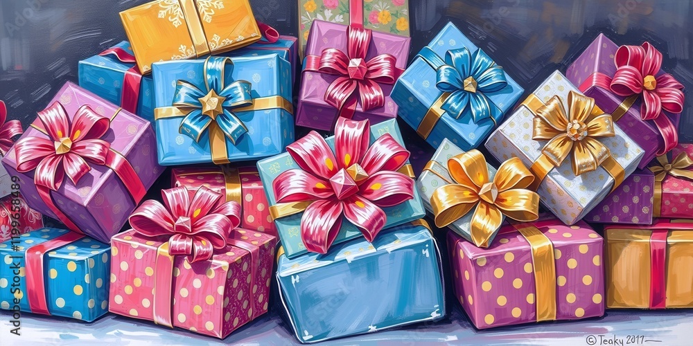 Poster a stack of presents with a blue one in the middle. the presents are piled on top of each other