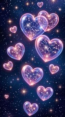 Shimmering red hearts floating with glowing light trails in a romantic fantasy background  
