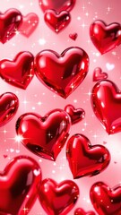 Shiny red hearts with sparkles on pink background for Valentine's card, love wallpaper, and romantic celebration  
