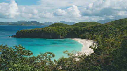 Secluded Tropical Beach Cove Nestled Among Lush Green Hills