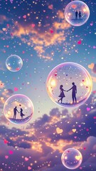Romantic couples inside floating bubbles in a dreamy sky full of love and magic  
