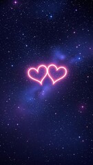 Two glowing neon hearts floating in a starry cosmic background, symbolizing love and connection  
