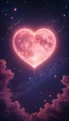 Glowing heart-shaped moon in a dreamy cosmic sky, symbolizing love and romance  
