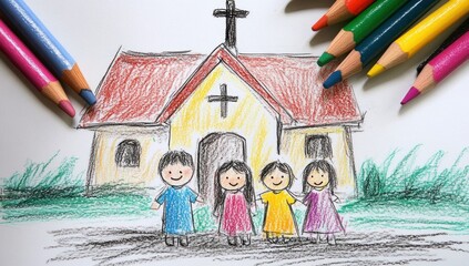 Children's crayon drawing of church.