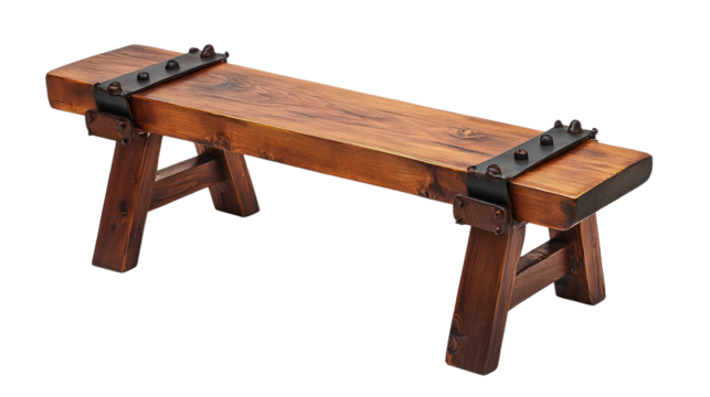 Stylish wooden bench with metal accents, perfect for home or garden decor, showcasing rustic design and craftsmanship.