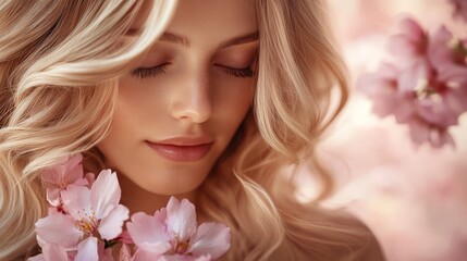 A serene scene of a woman with wavy blonde hair holding cherry blossoms, symbolizing spring and natural beauty. Ideal for seasonal or lifestyle imagery.