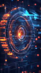 Obraz premium Digital interface cycling complex data streams, glowing with vivid blue-orange luminescence, representing cutting-edge technological processing