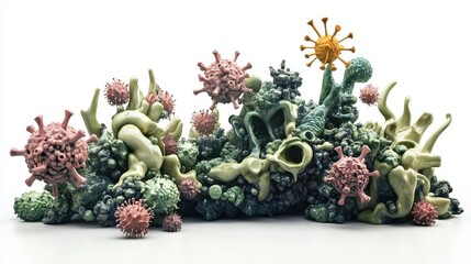 A highly detailed photorealistic image of virus and bacteria interaction, dramatic lighting, isolated on white background