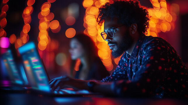 A group of friends building a website, coding and designing on laptops. Bright lighting, contrast