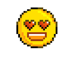 Fototapeta premium 8 bits pixel art yellow happy big smiley face icon with heart eyes