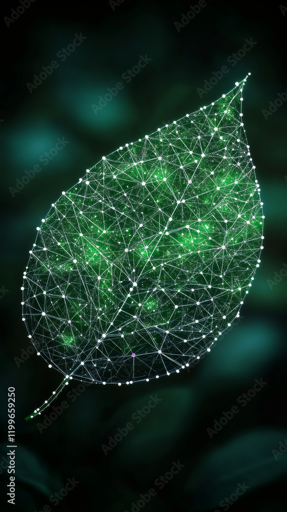 Aufkleber green plexus leaf illuminating digital networks, representing convergence of biological innovation a
