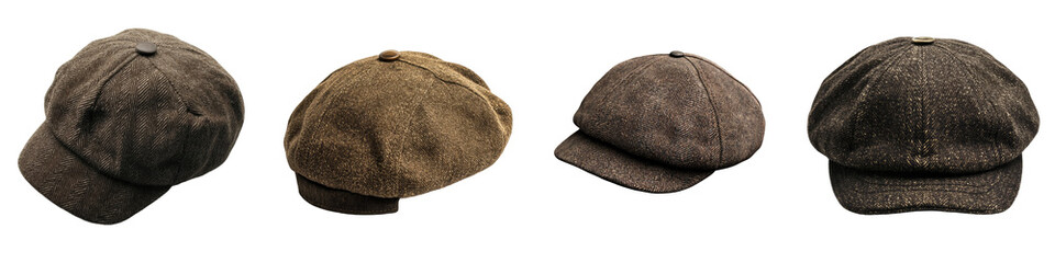 Newsboy cap – A soft, flat cap with a short brim, traditionally worn by newsboys and often styled with casual outfits. Isolated on Clear White Background Highly Detailed