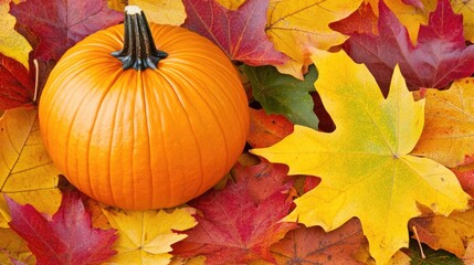 Autumn Pumpkin Rests On Colorful Maple Leaves