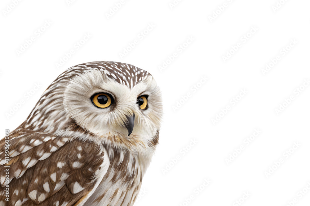 Poster a brown-and-white owl with sharp yellow eyes and intricate feather patterns, showcasing a captivatin