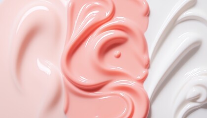 Silky Smooth Skincare Textures: A Close-up of Cream, Lotion, Gel, Serum, and Other Cosmetic Products, Showcasing Their Unique Textures and Swirls in Pink and White Hues