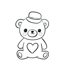 Adorable Teddy Bear Line Art Drawing with Heart and Hat for Coloring and Kids' Creative Activities