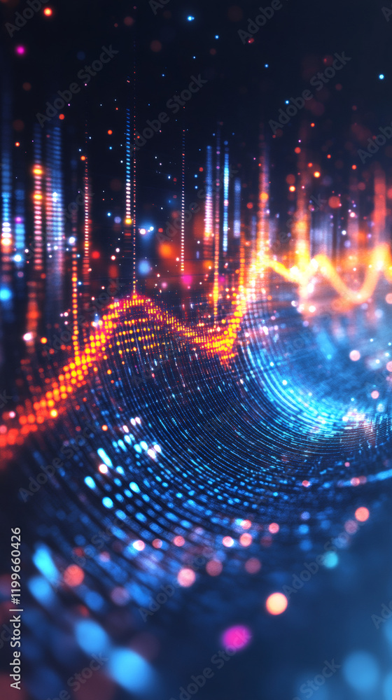 Poster Big data graph visualization creating a dynamic, futuristic wave, featuring glowing lines and particles that illustrate technology and innovation