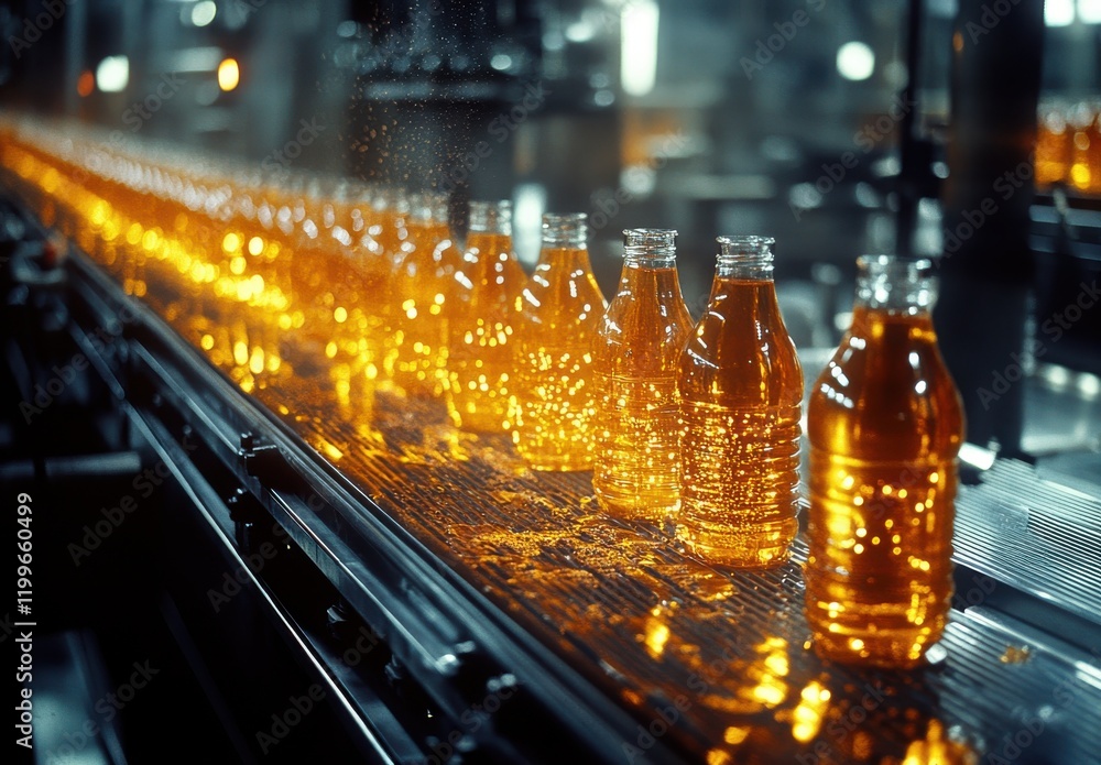 Aufkleber bottling process of amber beverage in factory setting with stream of glowing bottles on conveyor bel