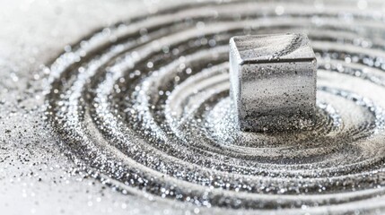 Iron filings forming circular patterns around a bar magnet on white surface, illustrating magnetic field lines and scientific principles of magnetism.