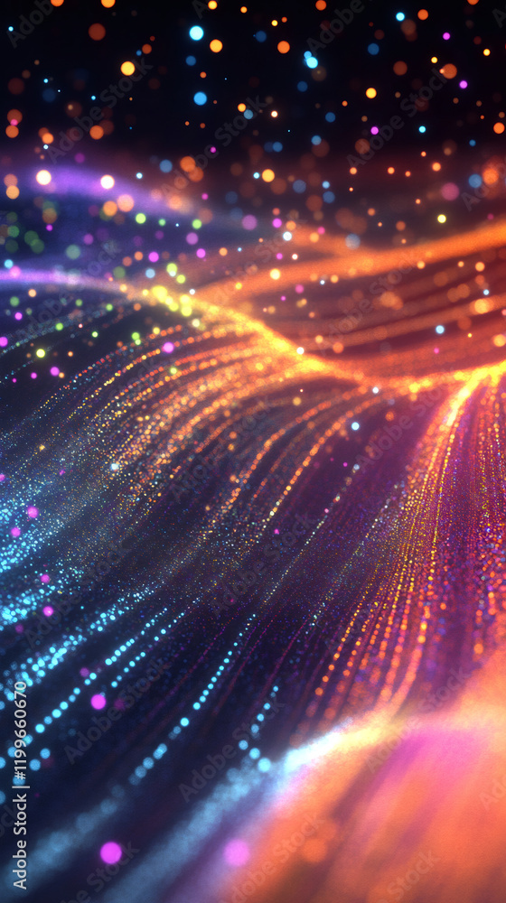 Aufkleber Wavy lines of colorful particles flowing and creating a magical bokeh effect, ideal for backgrounds and textures
