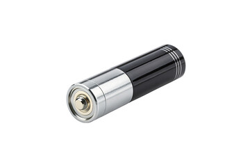 A cylindrical silver-and-black battery with a polished metallic surface, compact and portable design, ideal for powering small electronic devices efficiently. Isolated on a transparent background
