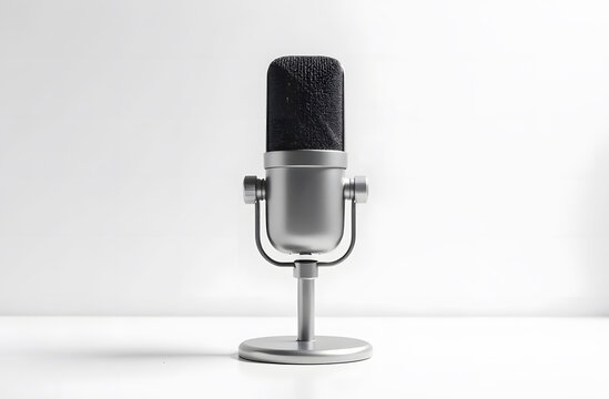 Silver Modern Microphone on White Background. A sleek silver microphone standing on a white surface against a minimalistic white background, ideal for audio and podcasting themes.