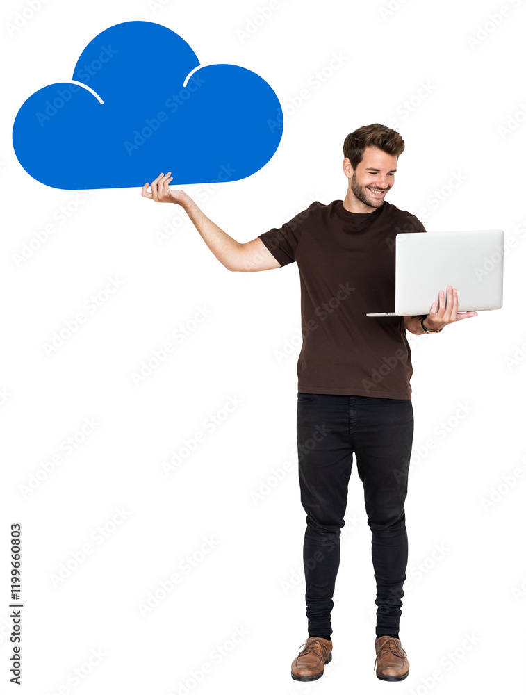 Canvas Prints png cheerful man using laptop and a cloud computing icon, transparent background
