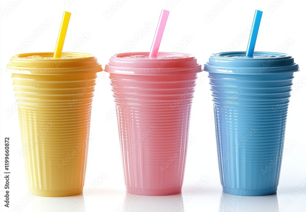 Poster brightly colored plastic cups with straws on white background for refreshing beverage and summer vib