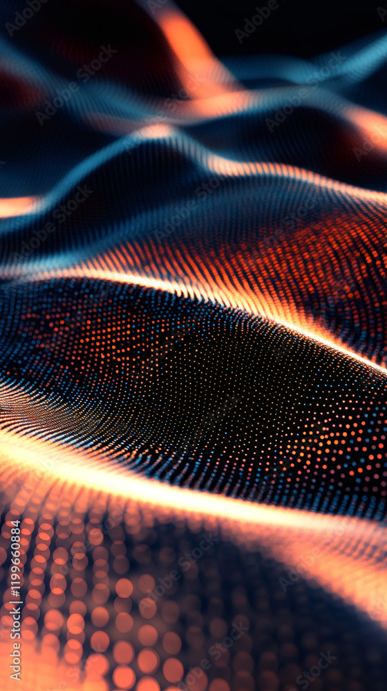 Aufkleber Glowing digital particle wave streaming across dark backdrop, blending orange and blue hues with technological network visualization