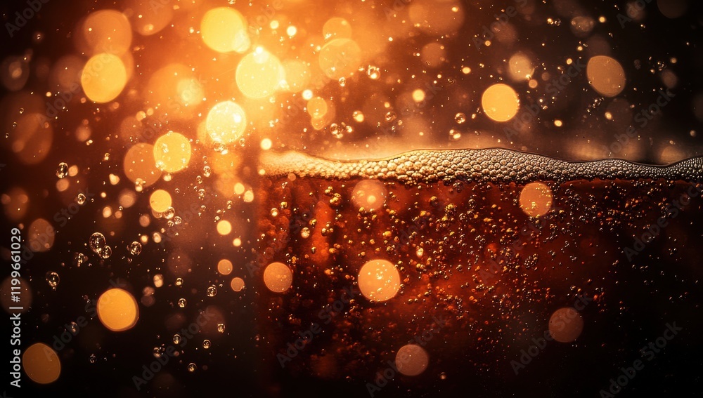 Poster bubbles and sparkles: close-up of foam on a glass of beer with a warm golden background creating a c