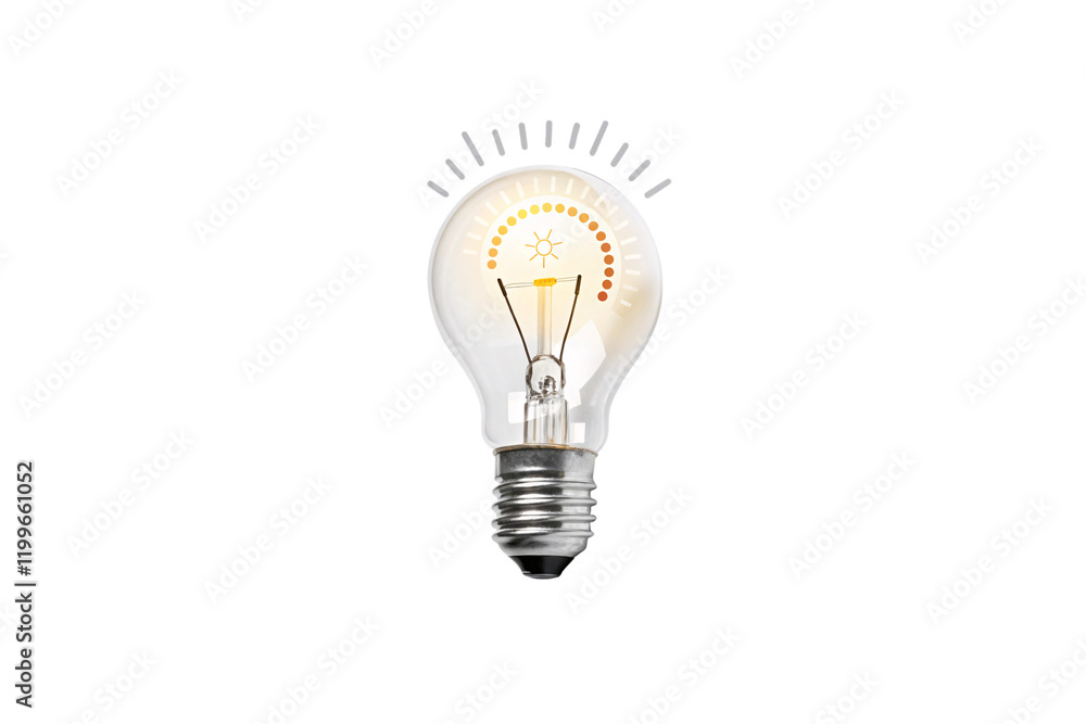 Poster a glowing lightbulb with a minimalist design, emitting radial patterns of light, symbolizing ideas o