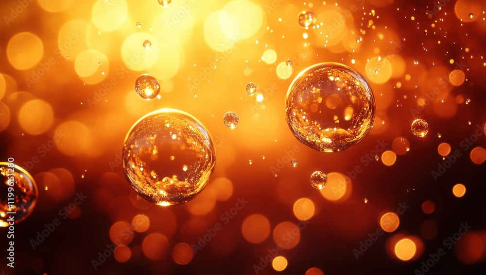 Poster bubbles floating through a warm, golden atmosphere with abstract light reflections and sparkling eff