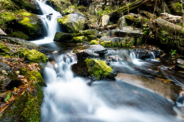 Blurred waterfall throughing mossy rocks