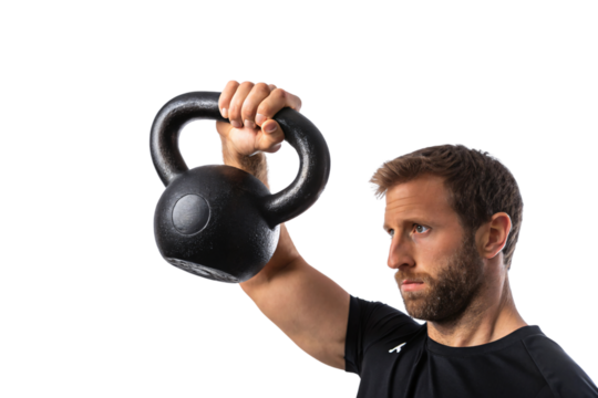A man lifting a kettlebell in a press movement, concentration and form emphasized, promoting fitness and dedication in minimalist athletic surroundings. Isolated on a transparent background
