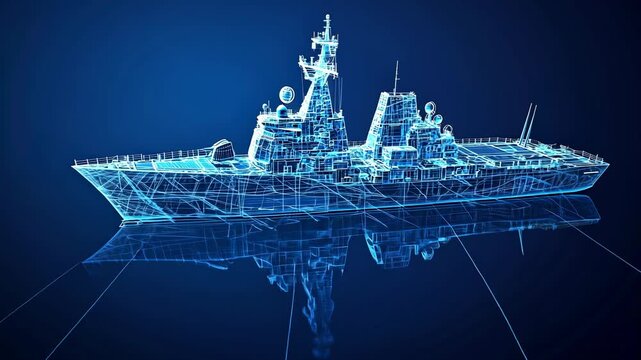 Wireframe Model of a Modern Warship, navy, military, vessel, frigate, destroyer