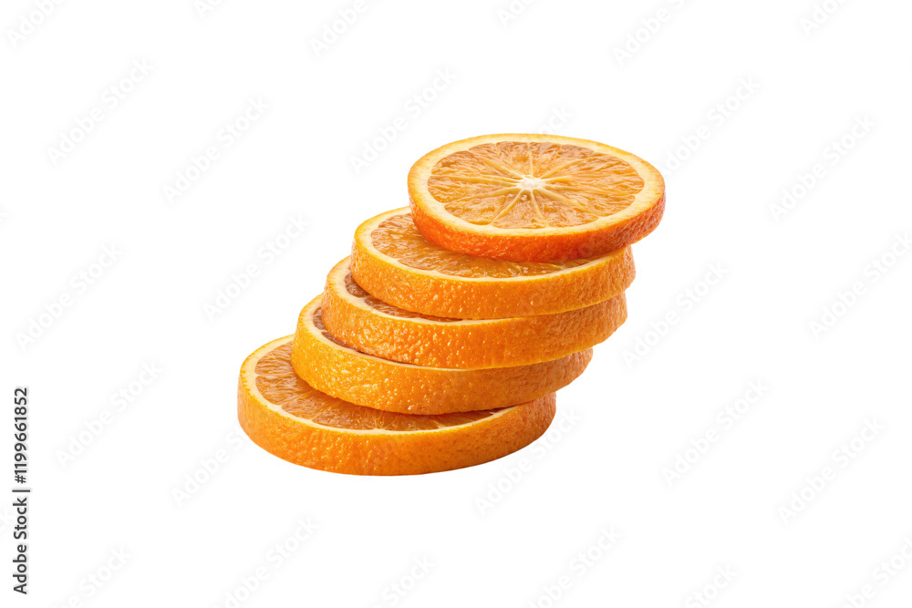 Poster a neatly balanced vertical stack of orange slices with a vibrant, glossy surface, perfect for showca
