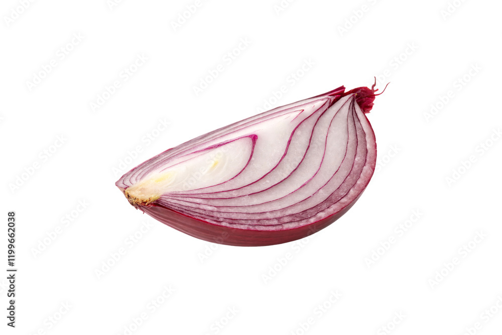 Poster a perspective of a sliced red onion with cleanly visible rings, showcasing its sharp contrast of pur
