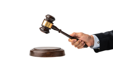 A polished wooden gavel with a golden band, grasped by a hand in formal attire, poised over a base, representing law and order. Isolated on a transparent background