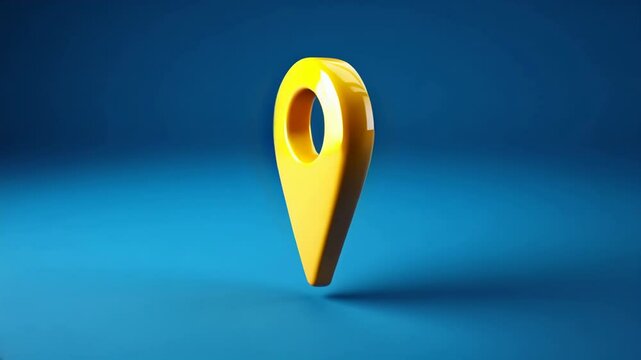 A 3D yellow location icon with a hollow center scrolls into place, representing navigation, directions and maps in a sleek, modern design.