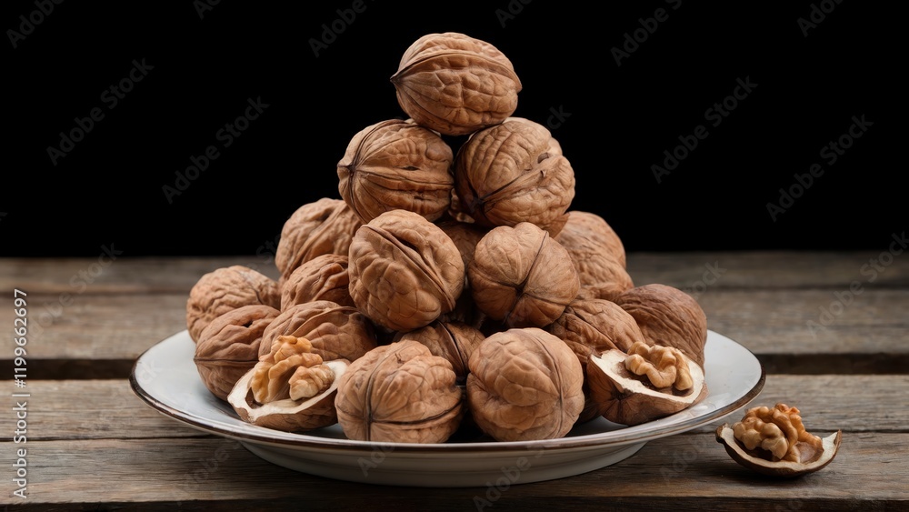 Poster a plate of walnuts arranged in a pyramid shape on a rustic wooden table against a dark background a 