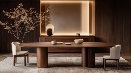 Modern Minimalist Dining Room With Wooden Table And Chairs